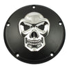 Skull derby cover 5-hole. Black & Chrome - 99-17 Dyna; 99-18 Softail (excl. 2018 FLSB); 99-15 Touring, Trike (excl. 2015 FLHTCUL, FLHTKL) (NU)