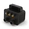 Mini single fire coil. 12V, 3 ohm. Black - 65-99 B.T.; 65-03 XL. For carbureted models with custom single fire electronic ignition (excl. Twin Cam & other single fire applications) (NU)